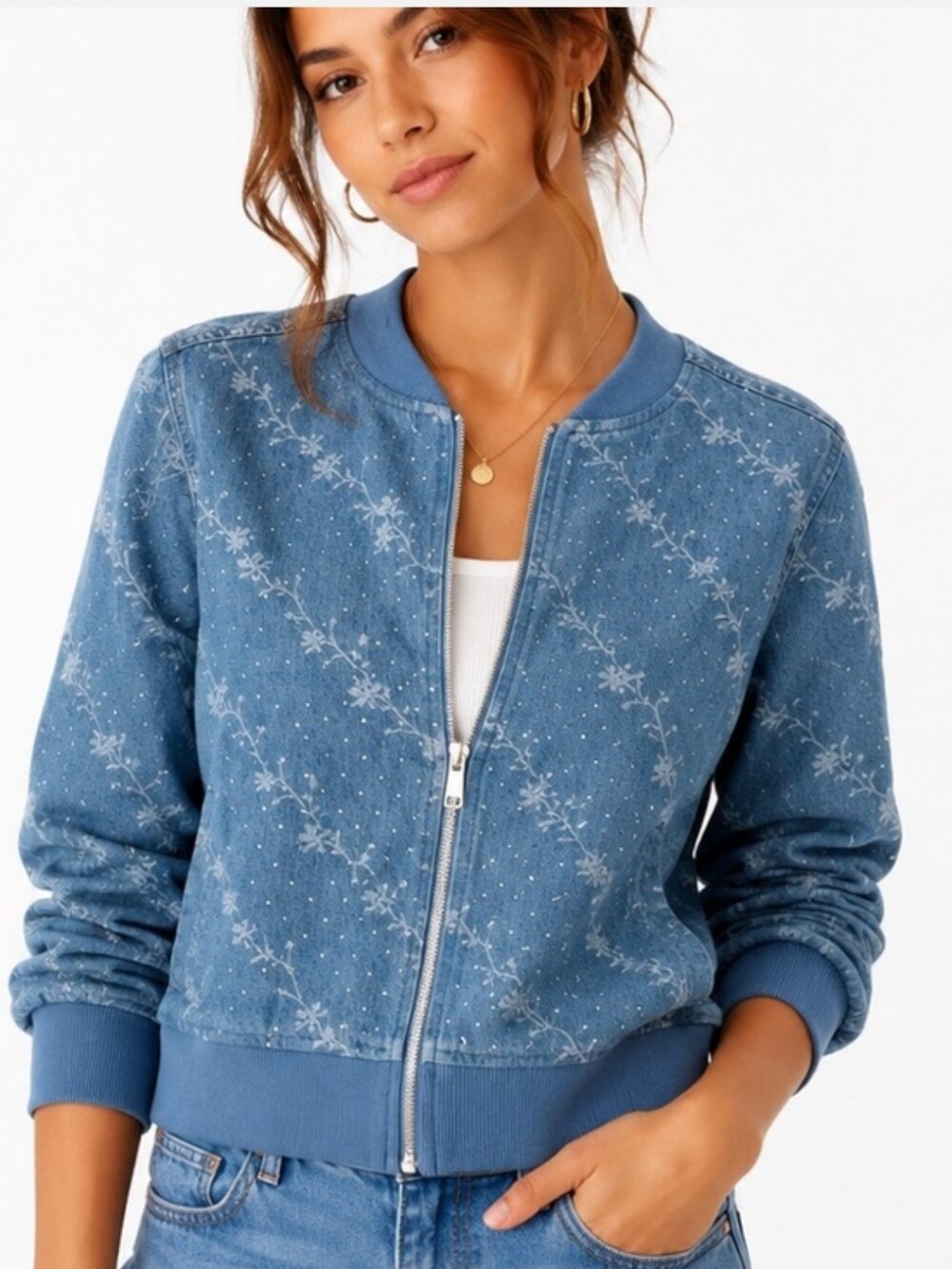 517.New Embelished Floral-Print Bomber Jacket - Women’s Casual Zip Front